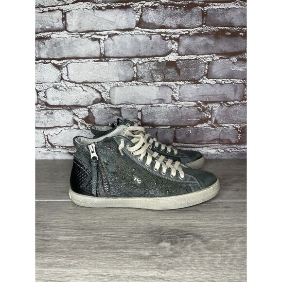 NERO GIARDINI ITALY Blue LEATHER SIDE ZIP Mid Lace Sneakers Women 37EU/6.5M US - Picture 1 of 16